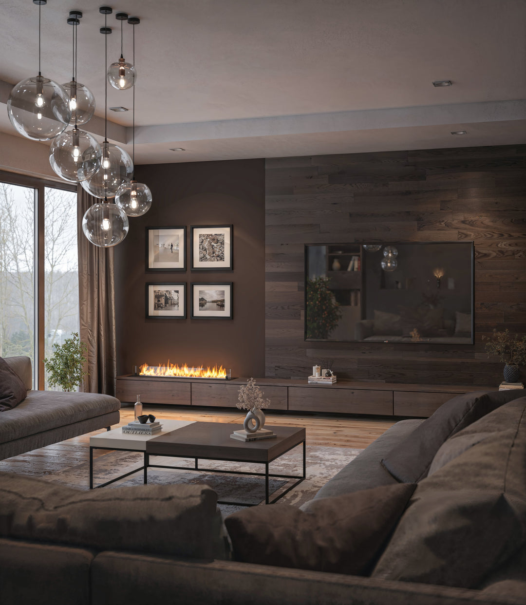 Bioethanol Einbau Brenner Einsatz Kassette ETRONIC 1200 von InFire App Fernbedienung Pumpe Automatisch Wohnzimmer TV Lowboard Holz