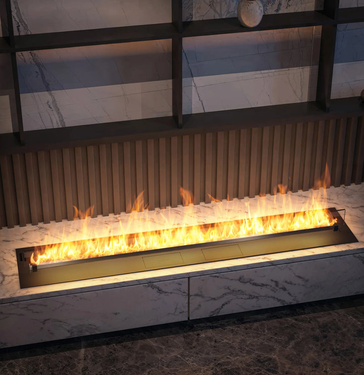 Bioethanol Einbau Brenner Einsatz Kassette ETRONIC 1500 von InFire App Fernbedienung Pumpe Automatisch Wohnzimmer Lowboard Marmor Nahaufnahme