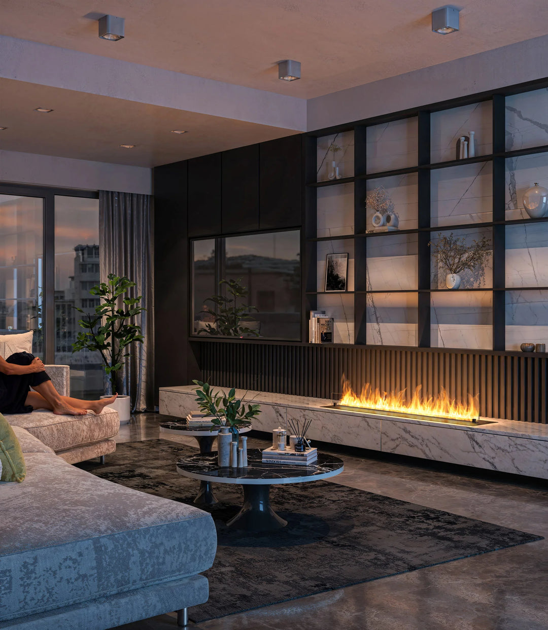 Bioethanol Einbau Brenner Einsatz Kassette ETRONIC 1500 von InFire App Fernbedienung Pumpe Automatisch Wohnzimmer TV Lowboard Marmor