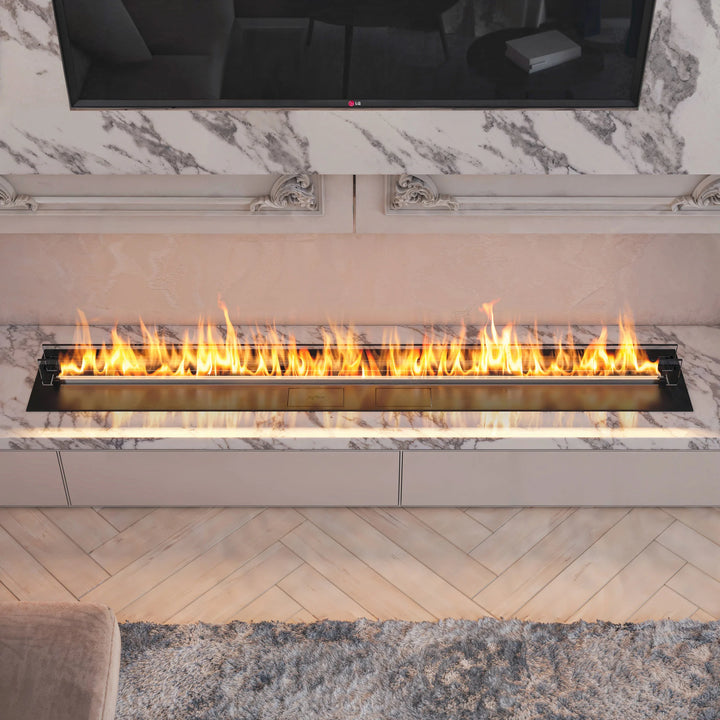 Bioethanol Einbau Brenner Einsatz Kassette ETRONIC 1700 von InFire App Fernbedienung Pumpe Automatisch Wohnzimmer Lowboard Marmor Nahaufnahme