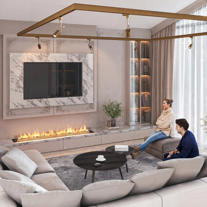 Bioethanol Einbau Brenner Einsatz Kassette ETRONIC 1700 von InFire App Fernbedienung Pumpe Automatisch Wohnzimmer TV Lowboard Marmor