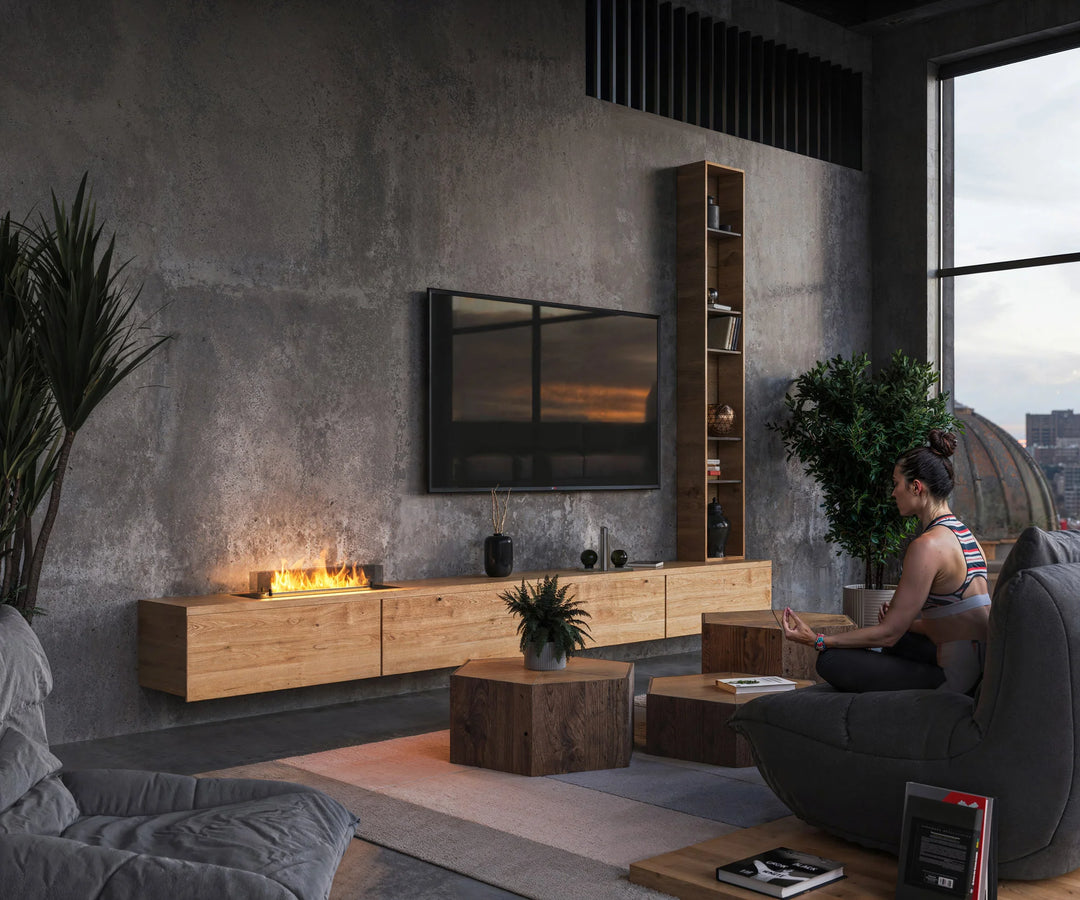 Bioethanol Einbau Brenner Einsatz Kassette ETRONIC BASIC 800 von InFire App Steuerung Pumpe Automatisch Wohnzimmer TV Lowboard Sideboard Holz