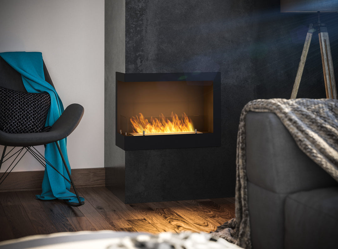 Bioethanol Einbau Eckkamin CORNER L600 60cm Ecke Links SimpleFire InFire Wohnzimmer Modern neben Sofa