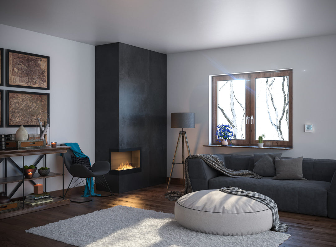 Bioethanol Einbau Eckkamin CORNER L600 60cm Ecke Links SimpleFire InFire modernes Wohnzimmer Trockenbauwand