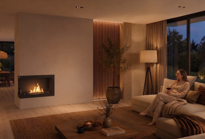 Bioethanol Einbau Eckkamin CORNER L900 SimpleFire InFire Einbaukamin Ecke Links in Wohnzimmer Abend Cozy