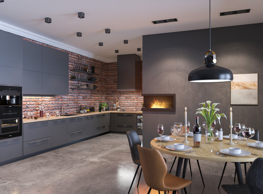 Bioethanol Einbau Eckkamin CORNER L900 SimpleFire InFire in modernen Esszimmer und Kochbereich