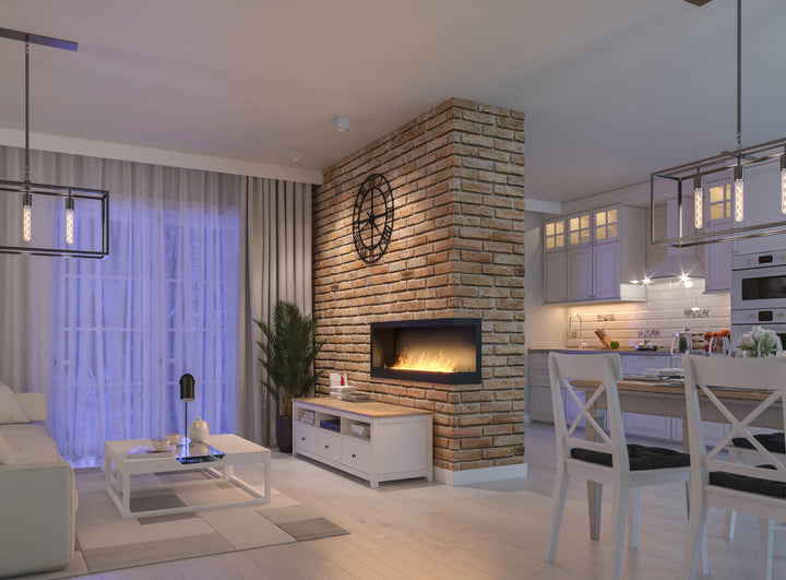 Bioethanol Einbau Eckkamin CORNER R1200 120cm SimpleFire InFire Wohnzimmer Ziegelsteinwand