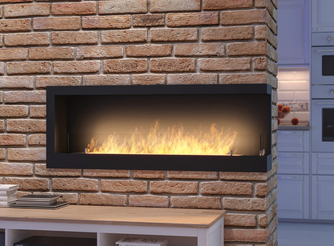 Bioethanol Einbau Eckkamin CORNER R1200 120cm SimpleFire InFire Wohnzimmer Ziegelsteinwand Detail