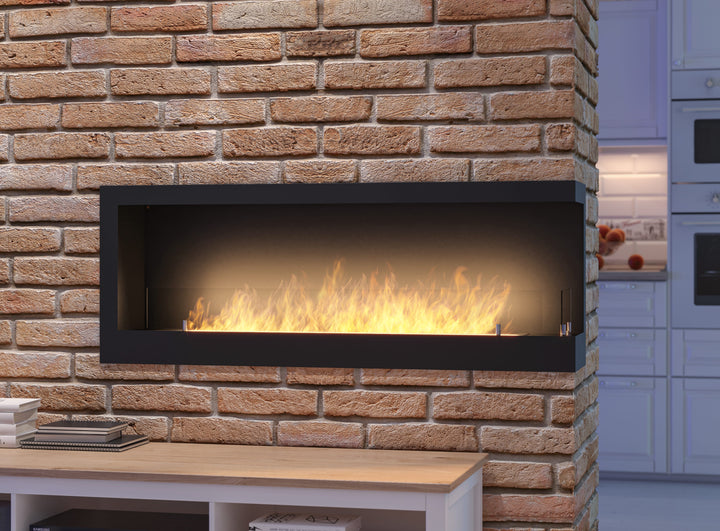Bioethanol Einbau Eckkamin CORNER R1200 120cm SimpleFire InFire Wohnzimmer Ziegelsteinwand Detail