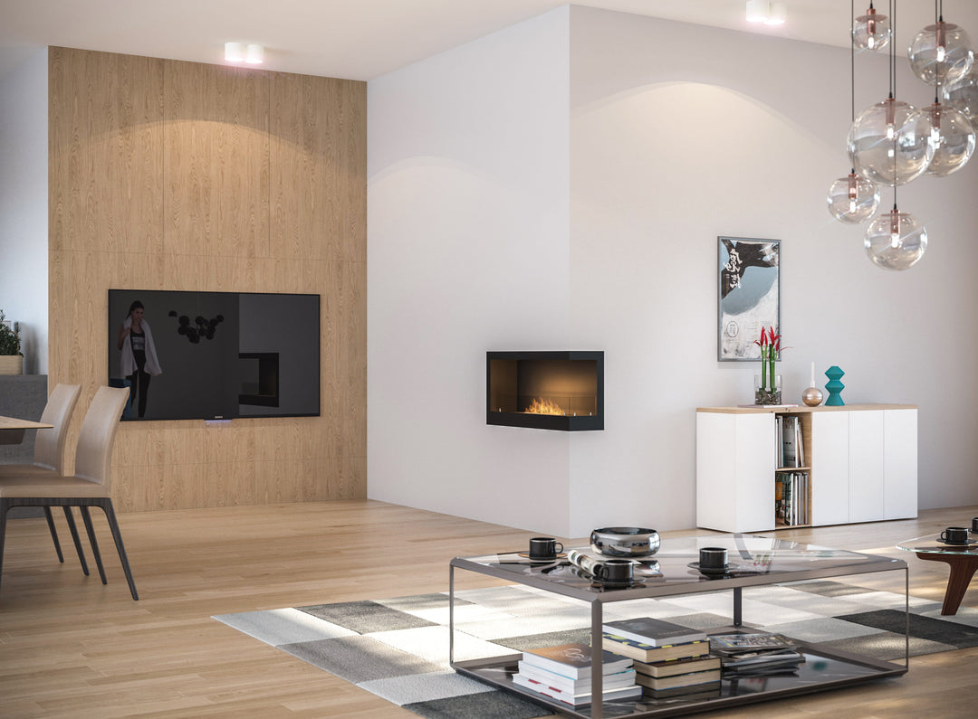Bioethanol Einbau Eckkamin Corner 900 Rechts SimpleFire InFire in Wohnzimmer Modern mit Glas