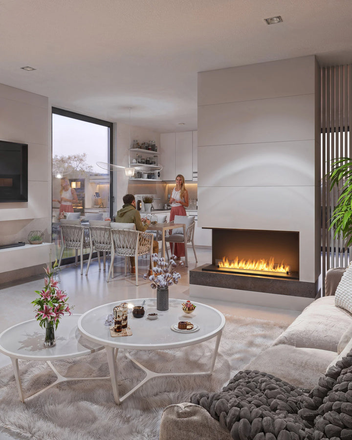 Bioethanol Einbau Eckkamin Ecke Einbaukamin Ofen INSIDE ETRONIC L1200 120cm von InFire App Pumpe Wohnzimmer Modern Trockenbau