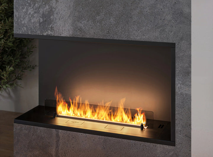 Bioethanol Einbau Eckkamin Einbaukamin Ecke Ofen ETRONIC BASIC INSIDE L1000 InFire Automatisch Pumpe App Fernbedienung Wohnzimmer Modern Nahaufnahme