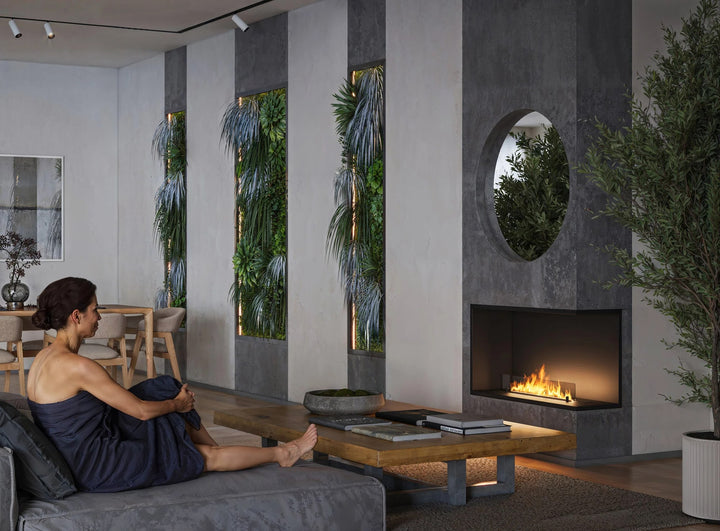 Bioethanol Einbau Eckkamin Einbaukamin Ecke Ofen ETRONIC BASIC INSIDE R1000 InFire Automatisch Pumpe App Fernbedienung Wohnzimmer Modern