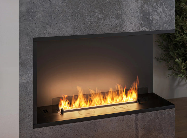 Bioethanol Einbau Eckkamin Einbaukamin Ecke Ofen ETRONIC BASIC INSIDE R1000 InFire Automatisch Pumpe App Fernbedienung Wohnzimmer Modern Nahaufnahme