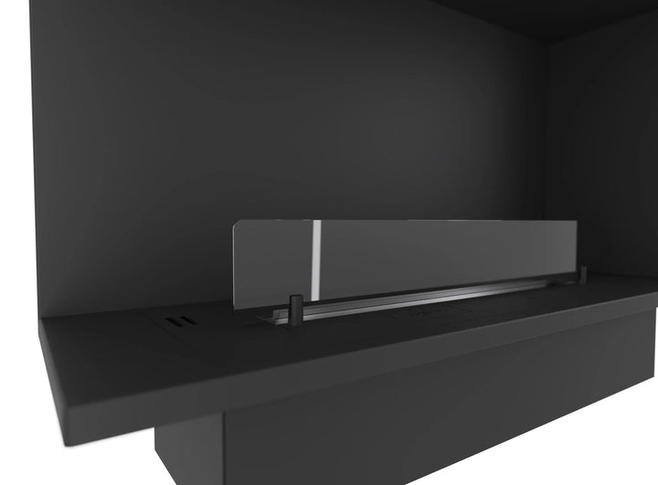 Bioethanol Einbau Eckkamin Einbaukamin Ecke Ofen ETRONIC BASIC Links 1000 InFire Automatisch Pumpe App Fernbedienung Nahaufnahme Glas