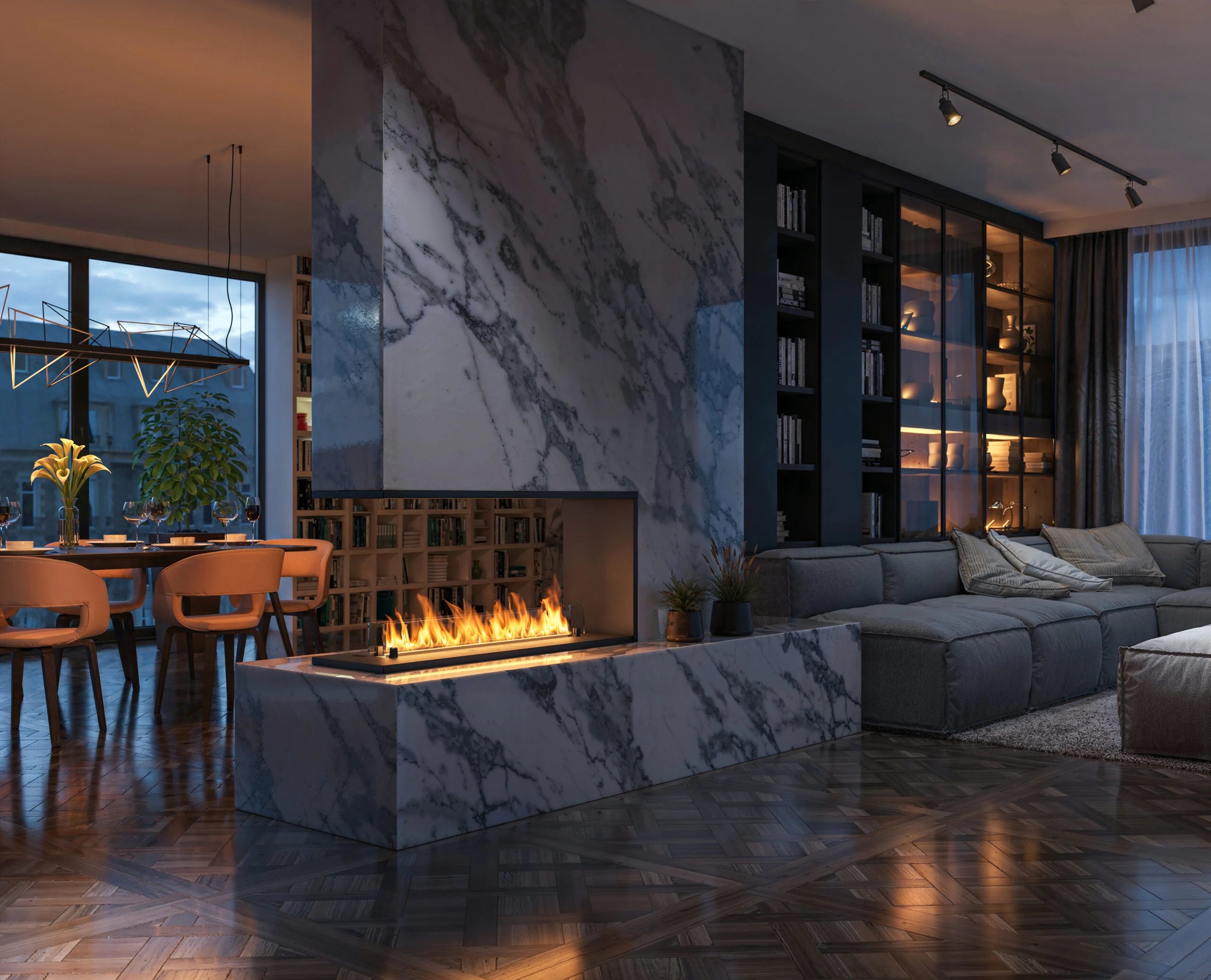 Bioethanol Einbaukamin Dreiseitig Raumteiler Einbau Kamin Ofen Ethanol Bio Raumtrenner Wohnzimmer Marmor Luxus Modern