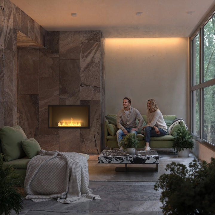 Bioethanol Einbaukamin Einbau Kamin Ofen ETRONIC BASIC INSIDE 1000 InFire Automatisch Pumpe App Fernbedienung Wohnzimmer Marmor Modern