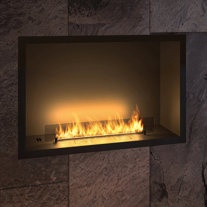 Bioethanol Einbaukamin Einbau Kamin Ofen ETRONIC BASIC INSIDE 1000 InFire Automatisch Pumpe App Fernbedienung Wohnzimmer Nahaufnahme