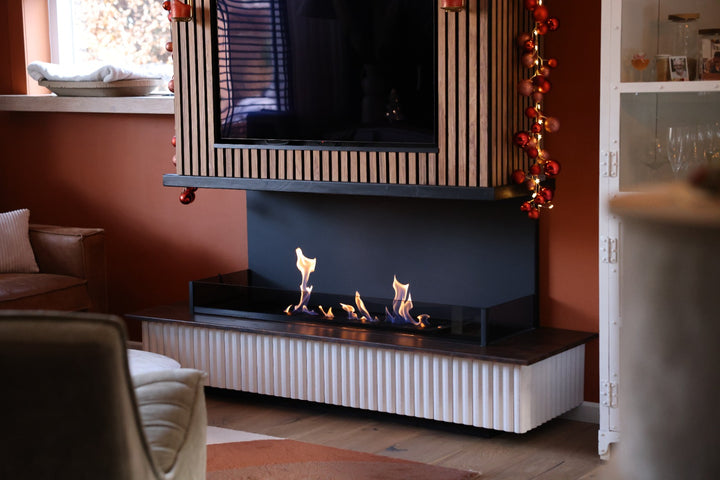 Bioethanol Einbaukamin Ethanol Einbau Kamin Ofen Dreiseitig Raumteiler Wohnwand TV Fernseher Wohnzimmer Modern Holz