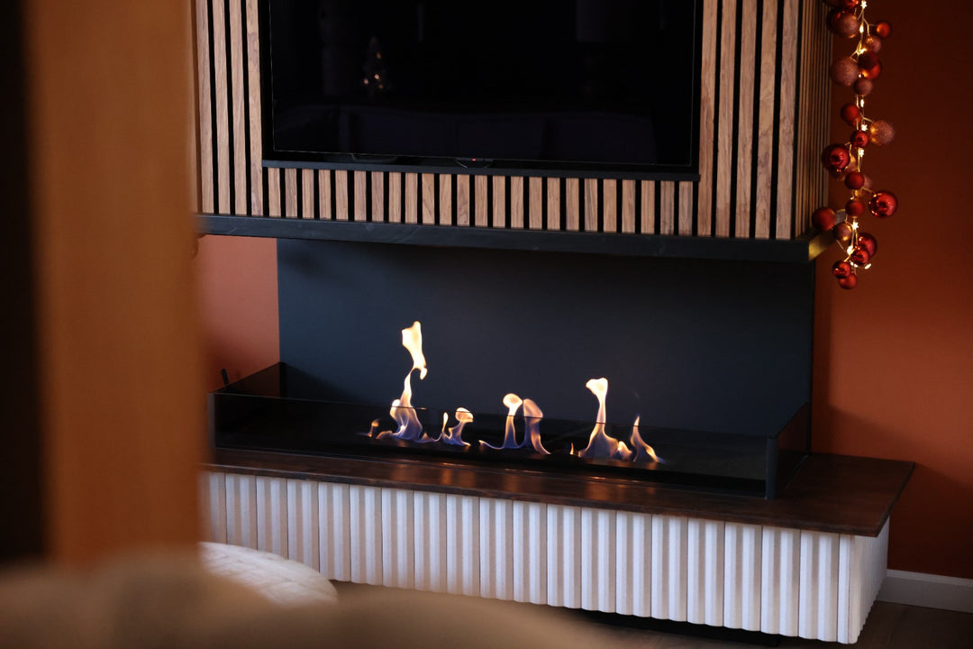 Bioethanol Einbaukamin Ethanol Ofen Dreiseitig Raumteiler Wohnwand TV Fernseher Wohnzimmer Modern Holz