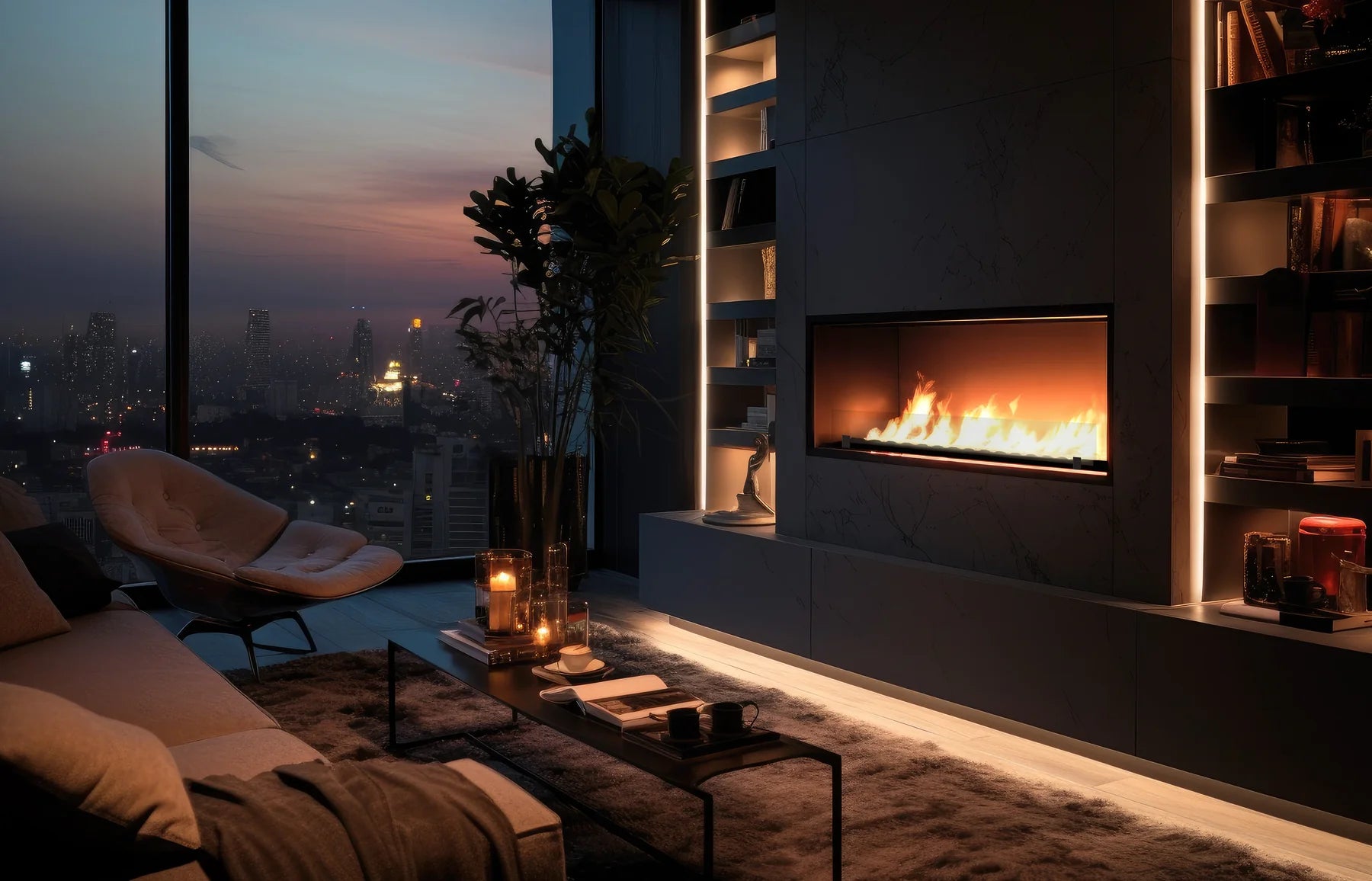 Bioethanol Einbaukamin Spezialanfertigung in Wohnzimmer von SlimFire Luxusmarke InFire Penthouse Skyline Designer Wohnwand Ethanol Bio Kamin