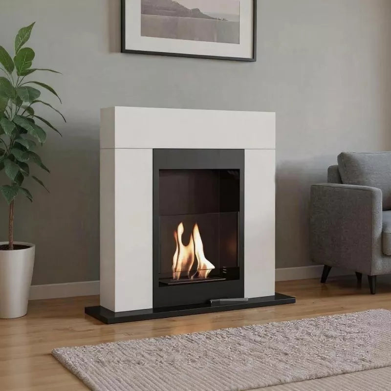 Bioethanol Standkamin freistehender Bio Ethanol Stand Kamin Ofen DOLANOVIA Weiss Schwarz in Wohnzimmer mit Glas modern