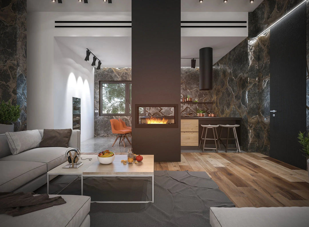 Bioethanol Tunnelkamin 2SIDE 900 von InFire als Raumteiler Trockenbau in modernen Designer Apartment