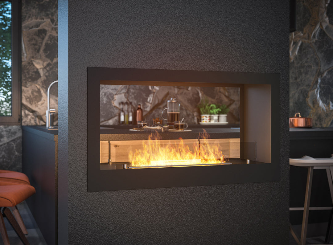 Bioethanol Tunnelkamin 2SIDE 900 von InFire als Raumteiler in modernen Wohnbereich und Essbereich