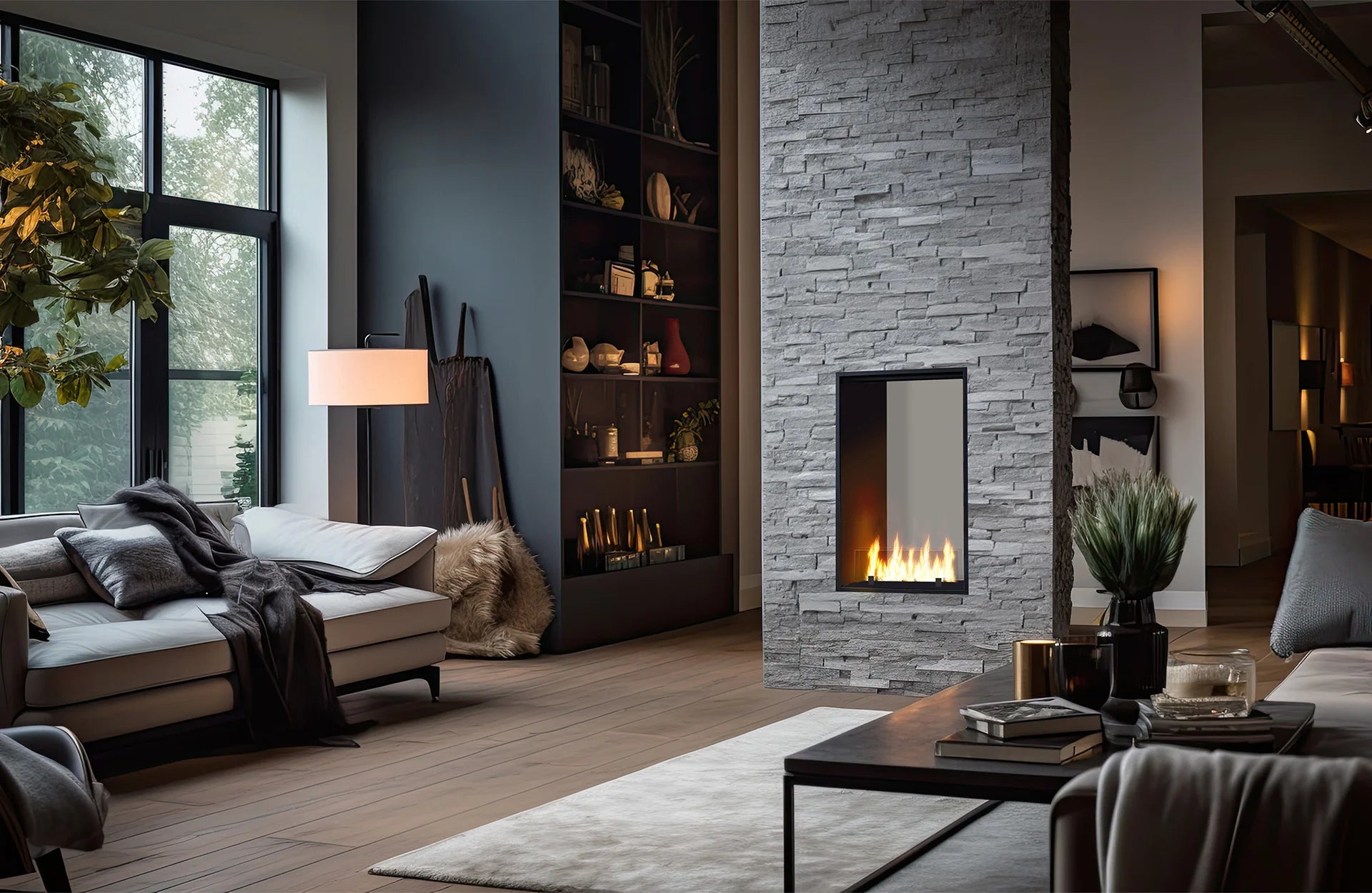 Bioethanol Tunnelkamin 2SIDE SLIM Vertikal InFire Raumteiler Stein in Wohnzimmer Modern