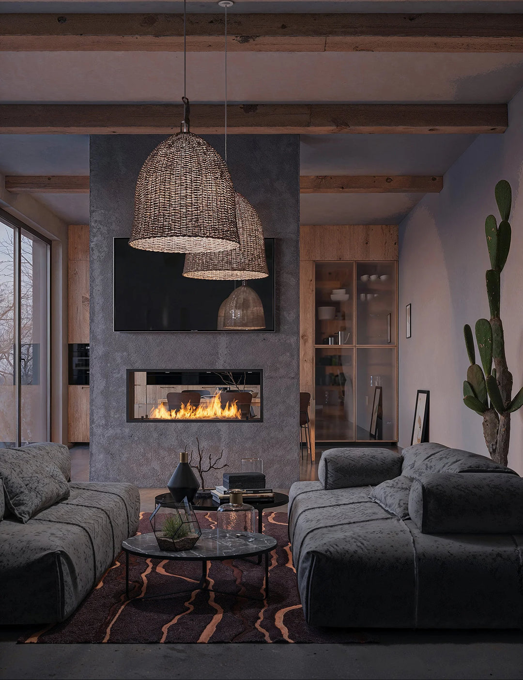 Bioethanol Tunnelkamin 2SIDE Slim von InFire Raumteiler in modernen Wohnzimmer mit TV