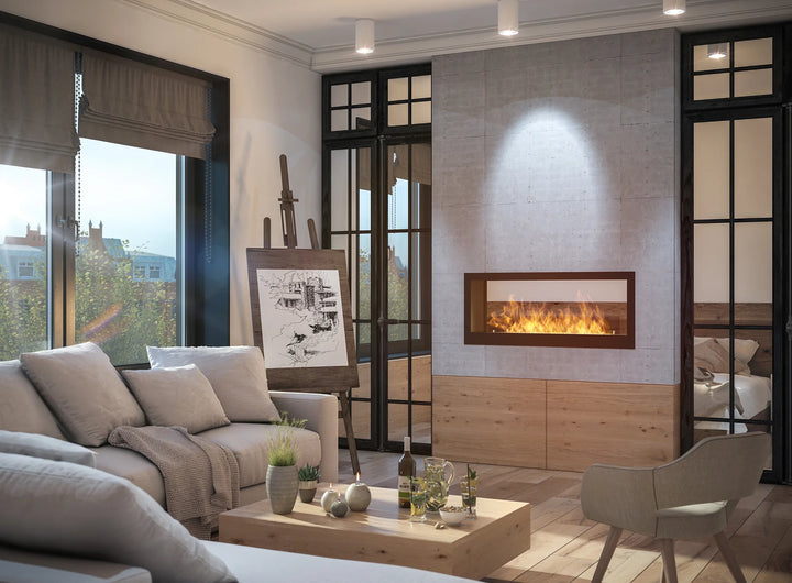 Bioethanol Tunnelkamin InFire 2SIDE Zweiseitig Raumteiler Einbau Biokamin in modernen Wohnzimmer