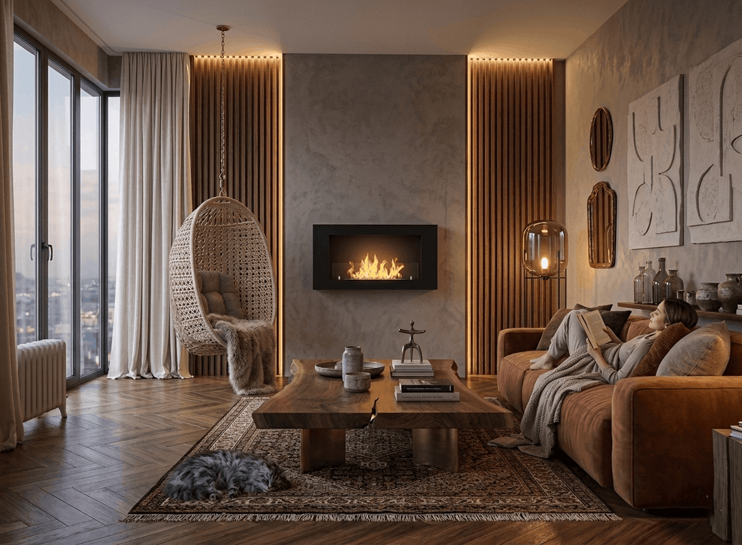 Bioethanol Wandkamin BLACK BOX 900 InFire SimpleFire Wohnbereich Modern Luxus Appartment Frau mit Katze