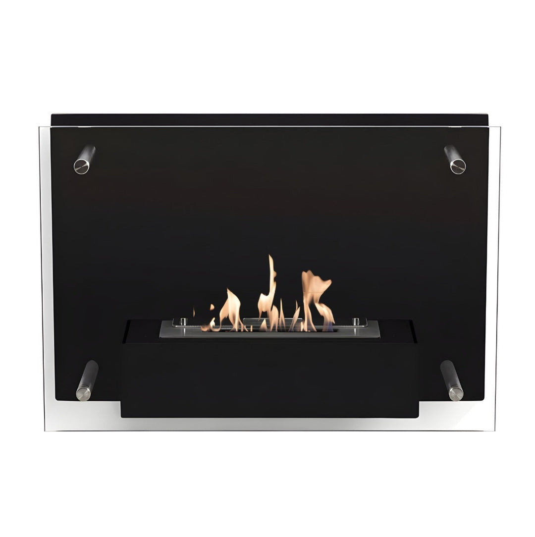 Bioethanol Wandkamin FIREGLASS Schwarz mit Glas Ethanol Kamin Wandmontage Frontal