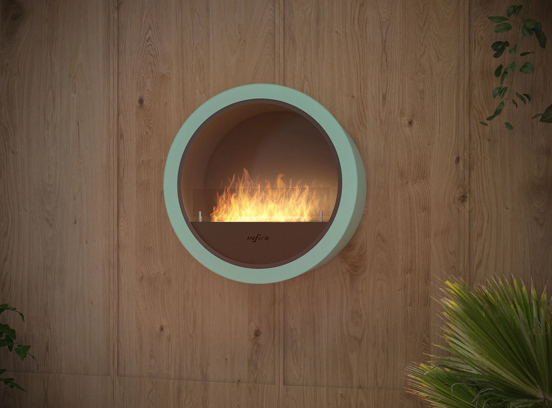 Bioethanol Wandkamin INCYCLE InFire Bio Ethanol Kamin Wandmontage Wand Biokamin Rund Blau Wohnzimmmer Holzwand RAL-Farbe