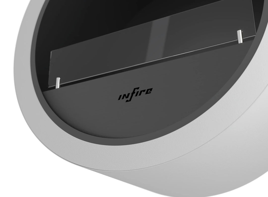 Bioethanol Wandkamin INCYCLE InFire Bio Ethanol Kamin Wandmontage Wand Biokamin Rund Nahaufnahme Kaminbasis Stahl Logo