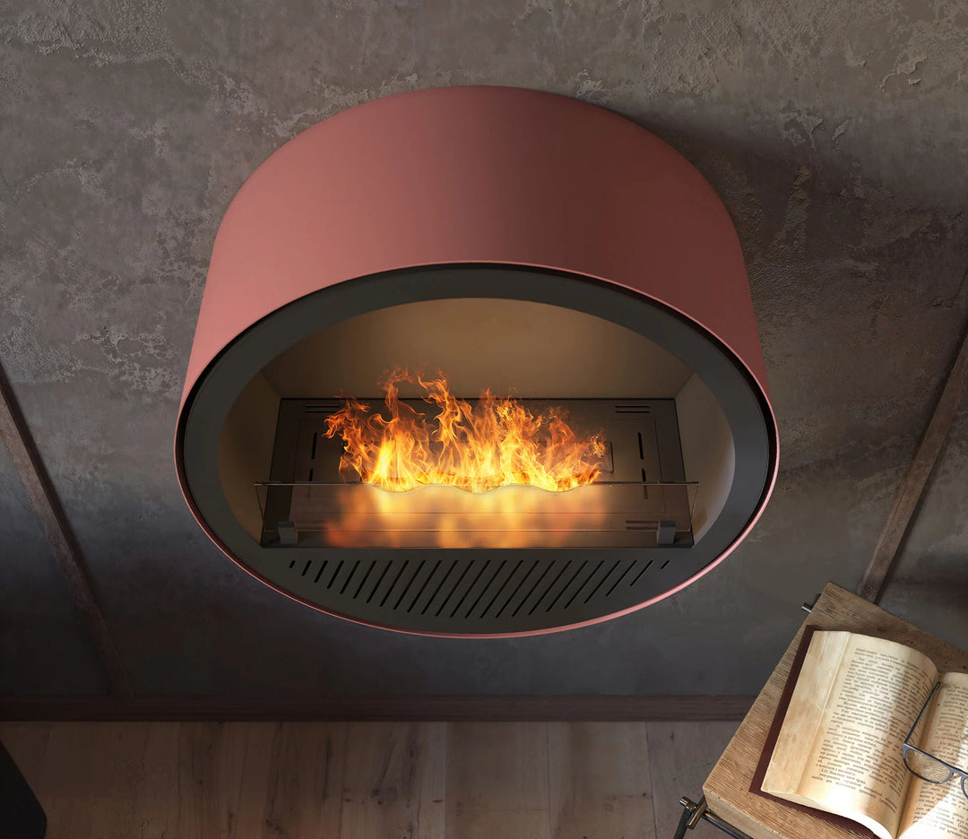 Bioethanol Wandkamin INCYCLE SLIM InFire SlimFire Schwarz Lachs Rund Wohnzimmer Nahaufnahme Draufsicht Flammen