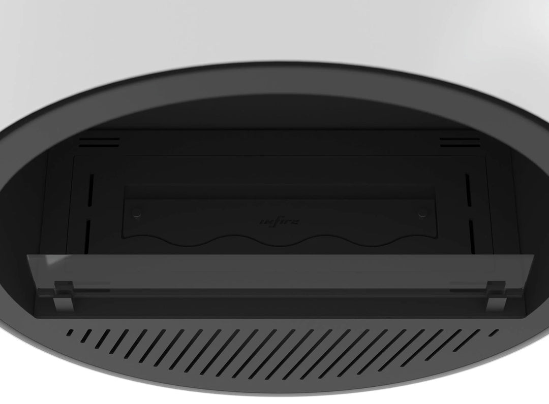 Bioethanol Wandkamin INCYCLE SLIM InFire SlimFire Schwarz Weiss Rund Wohnzimmer Nahaufnahme Draufsicht Verarbeitung