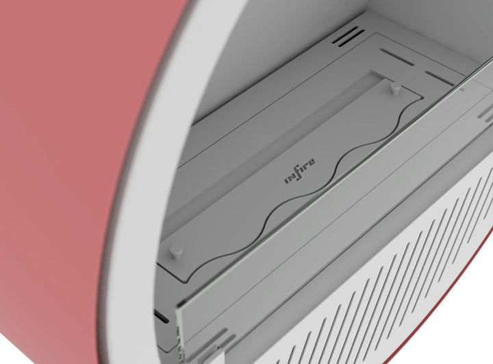 Bioethanol Wandkamin INCYCLE SLIM InFire SlimFire Weiss Lachs Rund Wohnzimmer Nahaufnahme Brenner Glas Innenraum