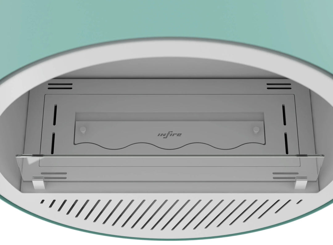 Bioethanol Wandkamin INCYCLE SLIM InFire SlimFire Weiss Minze Rund Wohnzimmer Nahaufnahme Draufsicht Verarbeitung