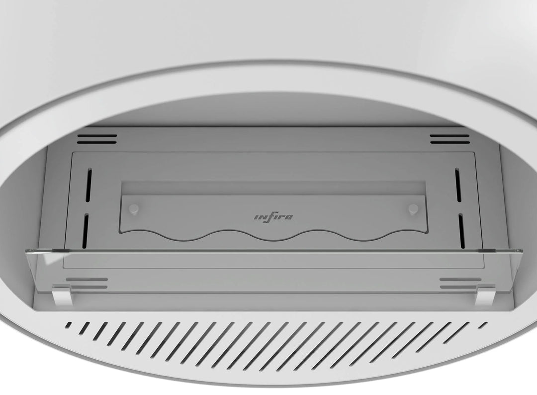 Bioethanol Wandkamin INCYCLE SLIM InFire SlimFire Weiss Rund Wohnzimmer Nahaufnahme Draufsicht Verarbeitung