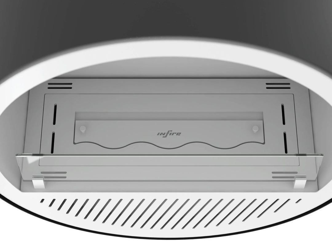 Bioethanol Wandkamin INCYCLE SLIM InFire SlimFire Weiss Schwarz Rund Wohnzimmer Nahaufnahme Draufsicht Verarbeitung