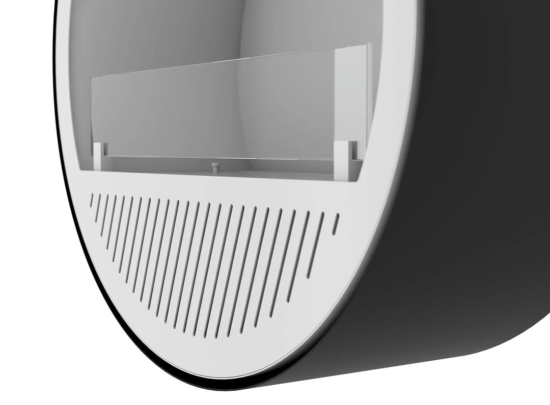 Bioethanol Wandkamin INCYCLE SLIM InFire SlimFire Weiss Schwarz Rund Wohnzimmer Nahaufnahme runde Kaminbasis