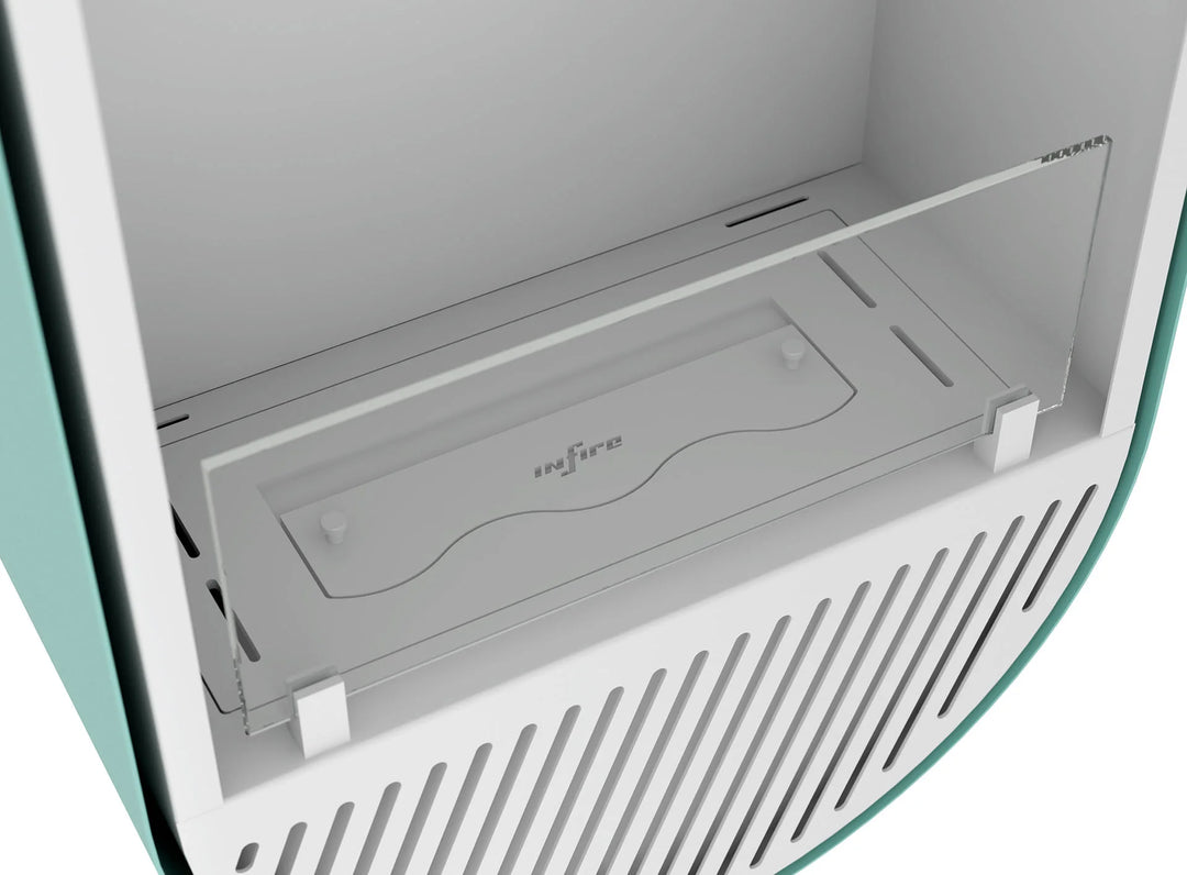 Bioethanol Wandkamin INCYCLE SLIM Vertikal Weiss Minze InFire SlimFire Bio Ethanol Wand Kamin Ofen Wandmontage Biokamin mit Glas Nahaufnahme