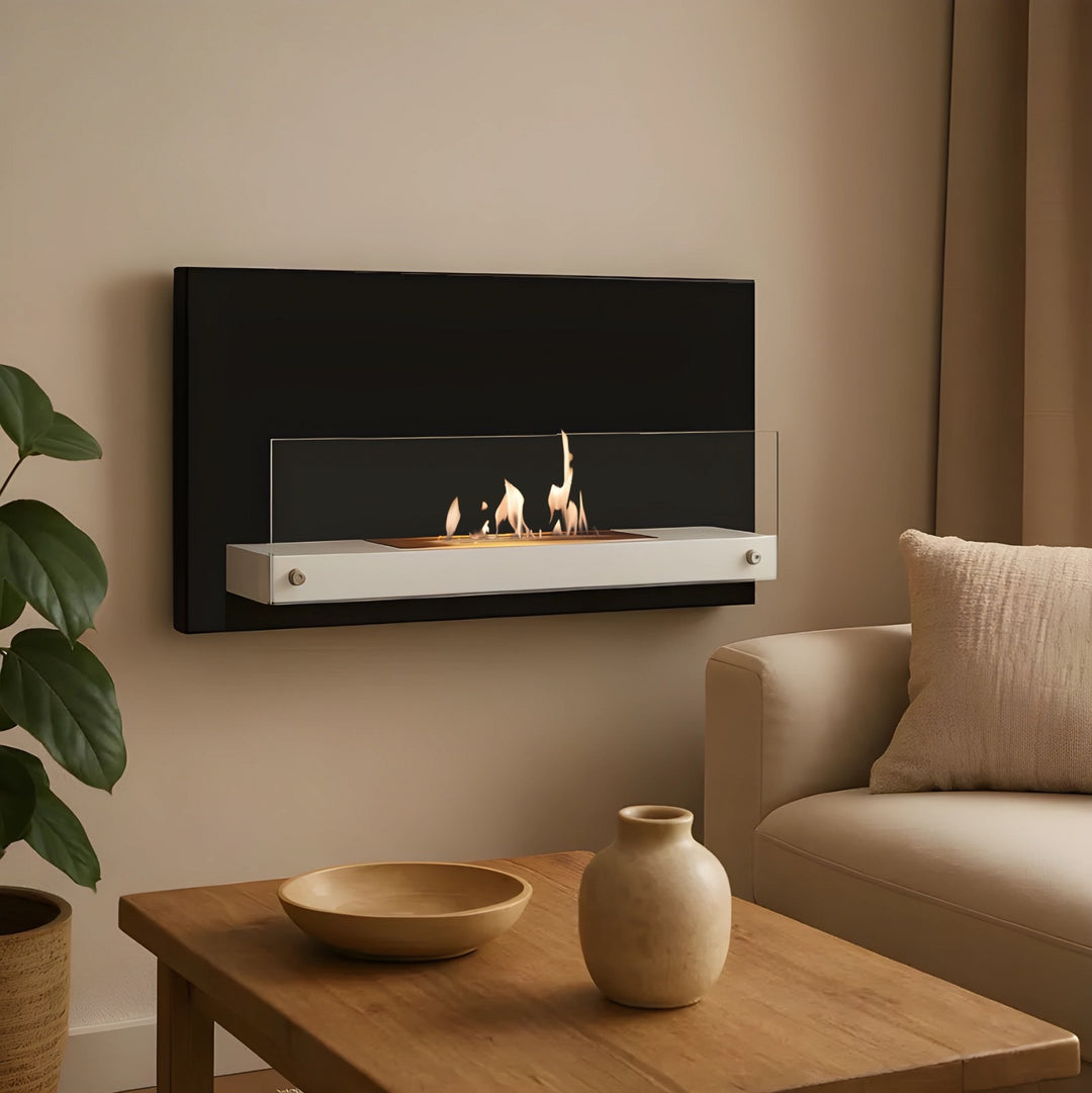 Bioethanol Wandkamin RIAD Schwarz Weiss mit Glas Ethanol Kamin Wandmontage Wohnzimmer Modern