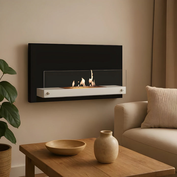 Bioethanol Wandkamin RIAD Schwarz Weiss mit Glas Ethanol Kamin Wandmontage Wohnzimmer Modern