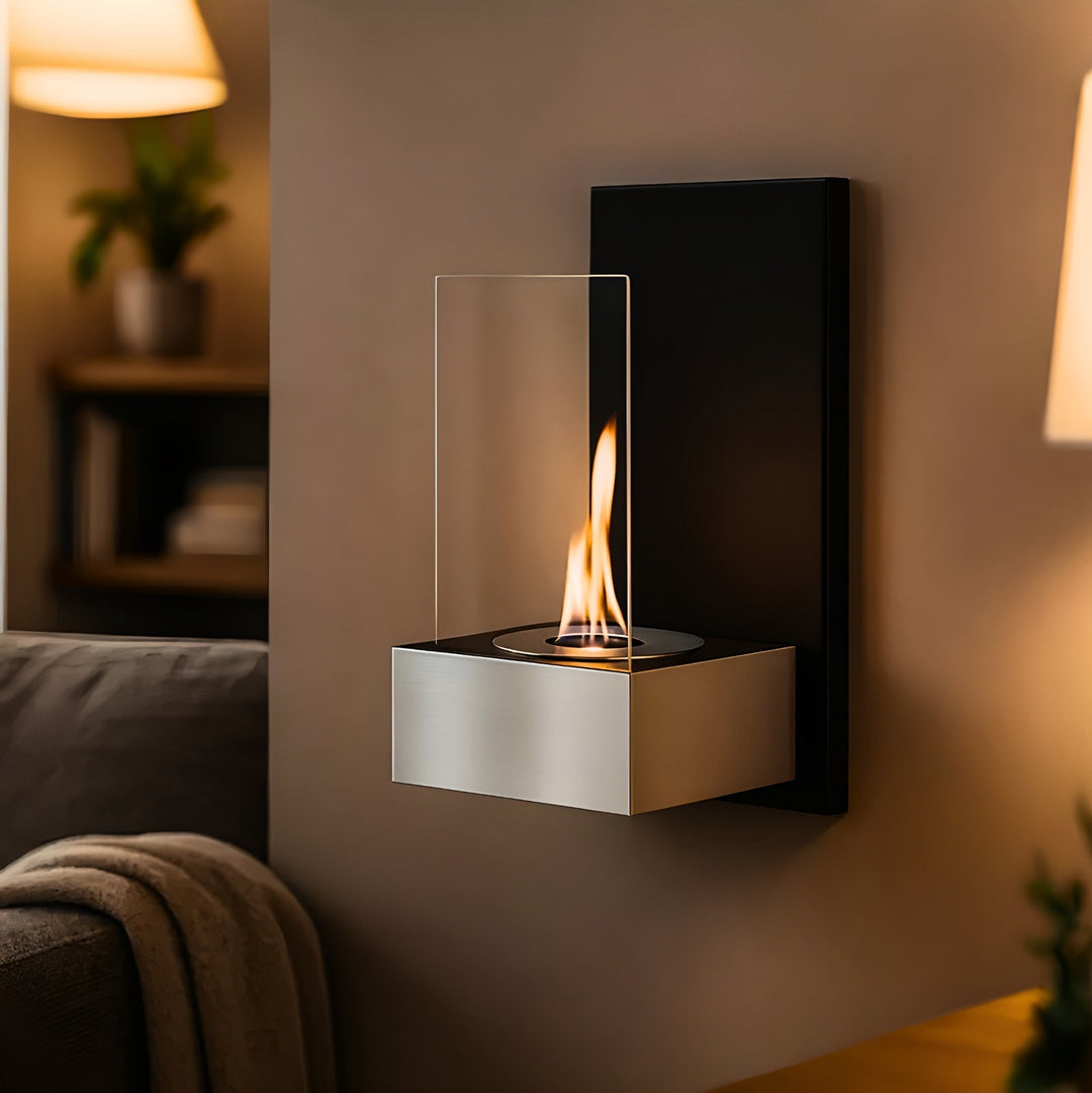 Bioethanol Wandkamin TAB Schwarz Stahl mit Glas klein Ethanol Kamin Wandmontage Hochkant Vertikal Wohnzimmer Modern