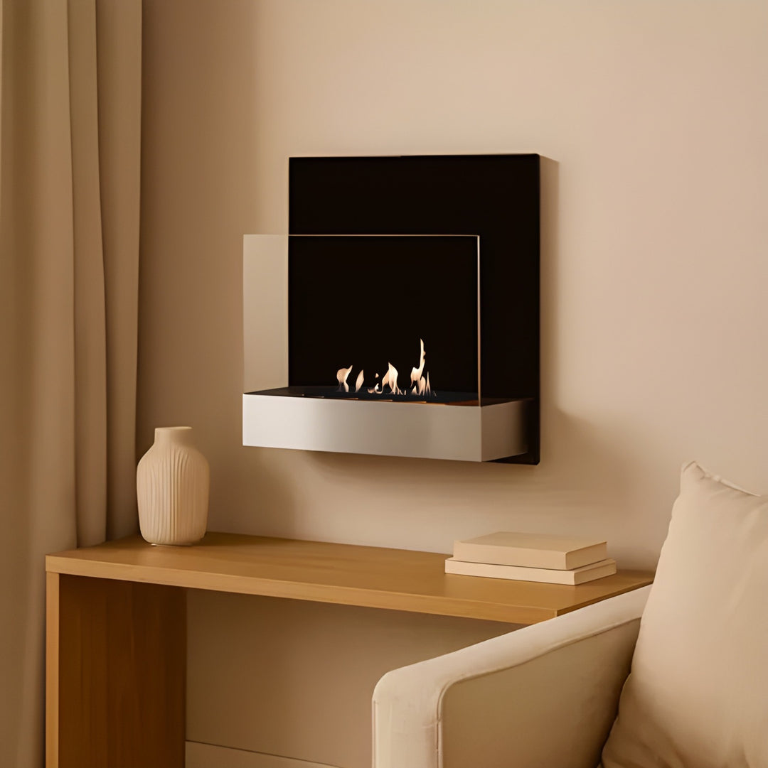 Bioethanol Wandkamin TOSNO Schwarz Stahl mit Glas Ethanol Kamin Wandmontage Quadratisch Wohnzimmer Modern