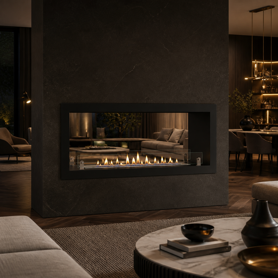 Bioethanol Einbau Tunnelkamin Raumteiler VERRA XL in Schwarz mit Flammen in einer dunklen Steinwand im Wohnzimmer