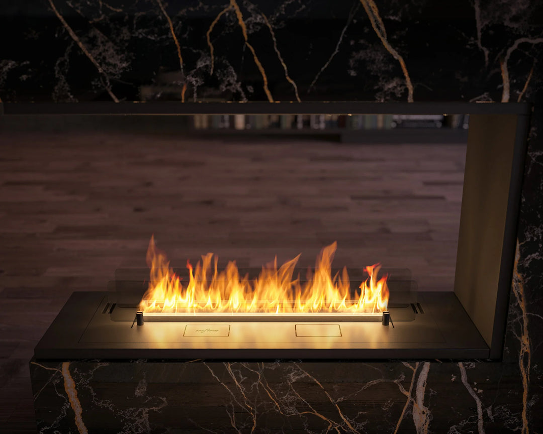 Dreiseitiger Bioethanol Einbau Kamin Einbaukamin Raumteiler ETRONIC BASIC INSIDE U1000 InFire Automatisch Pumpe App Fernbedienung Wohnzimmer Modern