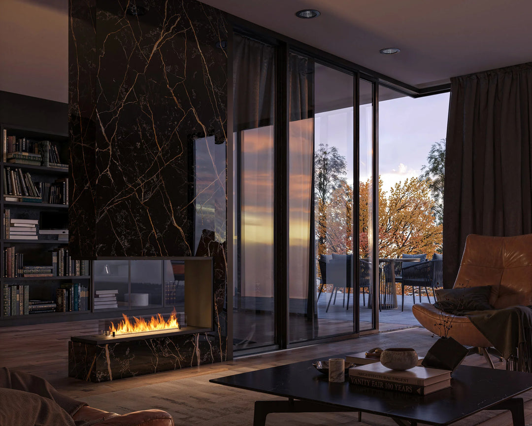 Dreiseitiger Bioethanol Einbau Kamin Einbaukamin Raumteiler ETRONIC BASIC INSIDE U1000 InFire Automatisch Pumpe App Fernbedienung Wohnzimmer Modern Luxus